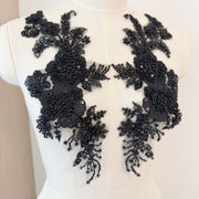 Black Flower Cotton Thread Sequined Embroidery Lace Fabric - DIY Bag, Head Yarn & Large Trailing Production (ZH415)