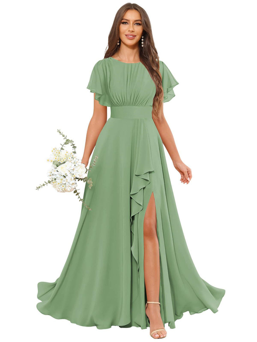 Cross-border amazon bestseller: long bohemian chiffon midi dress - short sleeve, cinched waist, evening gown, bridesmaid dress