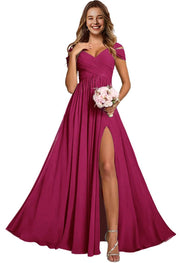 Off-the-shoulder bridesmaid dresses - long, slit, chiffon evening gowns for dinner parties, proms, and sisterhood events