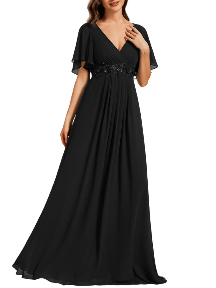 European and american style v-neck chiffon long bridesmaid dress, butterfly sleeve cinched waist slimming evening gown, party hostess dress