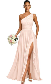 One shoulder chiffon long bridesmaid dress slit evening dress female sister group toast dress graduation performance dress factory direct supply