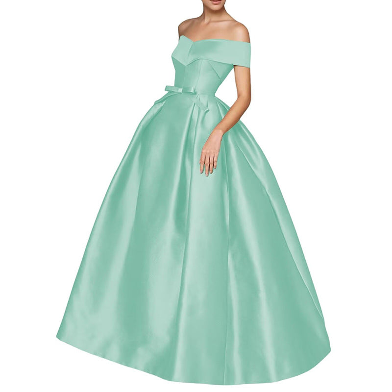 European and american one-shoulder satin flared maxi dress with tie-up bow waist – evening, wedding, and mother-of-the-bride long gown