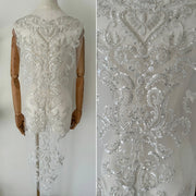 Zh490 silver sequin beaded fabric embroidery full beaded wedding dress front and back diy large flower piece