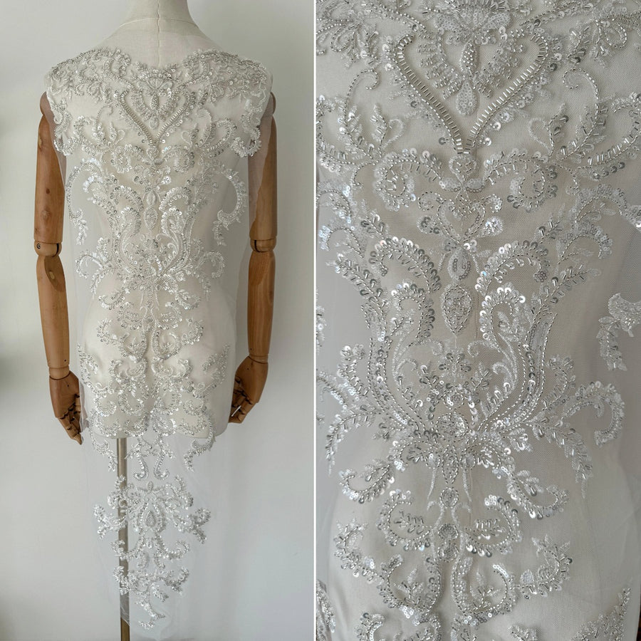 Zh490 silver sequin beaded fabric embroidery full beaded wedding dress front and back diy large flower piece