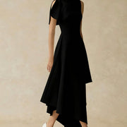 High-Neck Asymmetric Midi Dress — Layered Draping with a Metallic Shoulder Accent