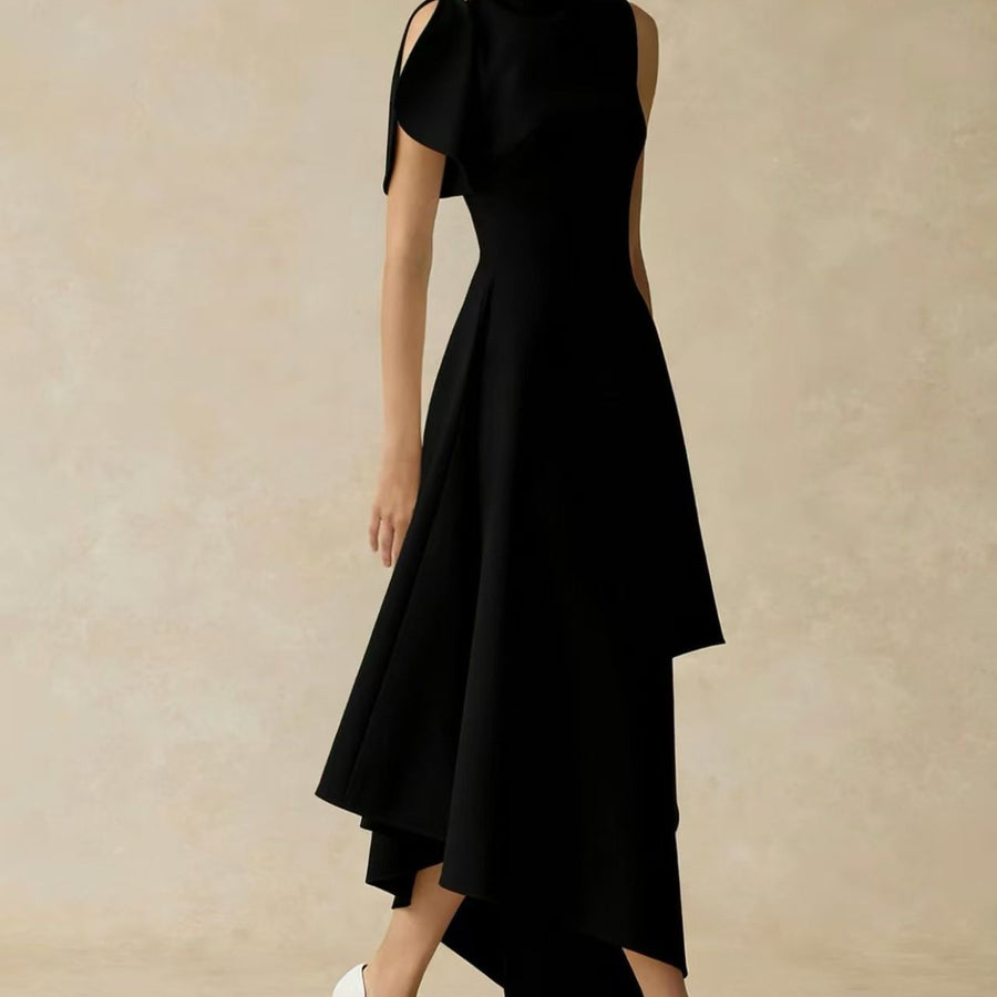 High-Neck Asymmetric Midi Dress — Layered Draping with a Metallic Shoulder Accent
