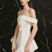 Off-the-Shoulder Bow Mini Dress — A Sculpted A-Line Silhouette