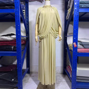 High-Neck Cape Evening Gown — Cross-Over Draping with a Flowing Pleated Skirt