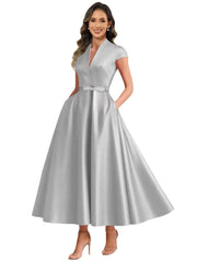 2026 premium satin v-neck midi dress with belted waist, pockets, and suitable for daily wear, parties, and hosting events