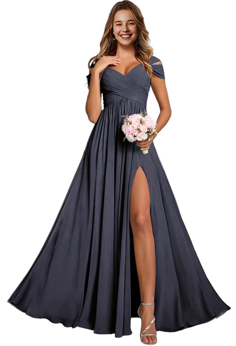 Off-the-shoulder bridesmaid dresses - long, slit, chiffon evening gowns for dinner parties, proms, and sisterhood events