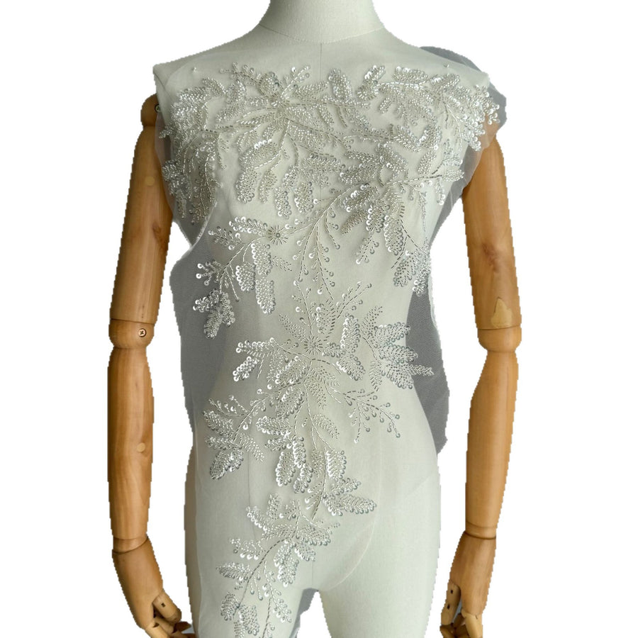 Zh488 new floral embroidery design with beaded appliqué, heavy beading, and silver floral sequins on lace fabric