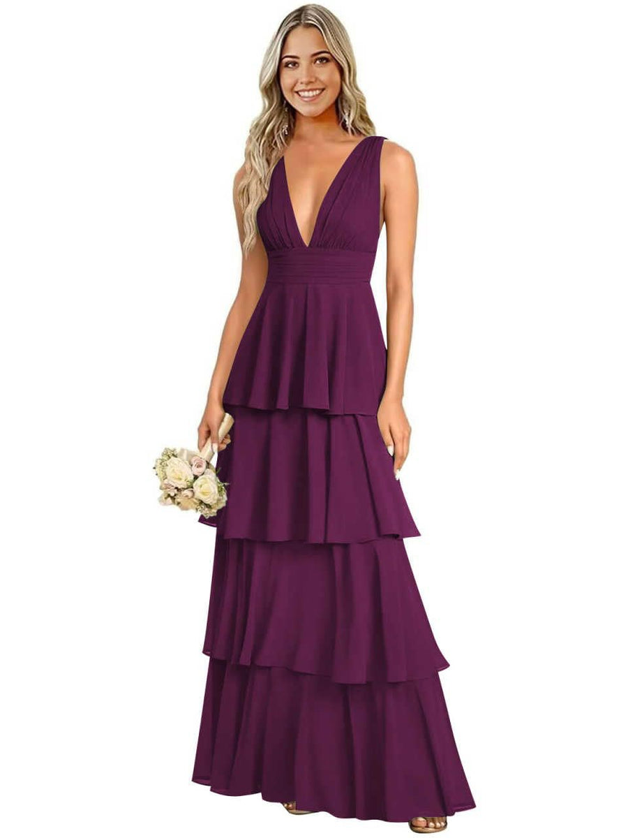 European and american chiffon bridesmaid dress v-neck sleeveless tiered cake dress wedding sister dress hostess outfit gown