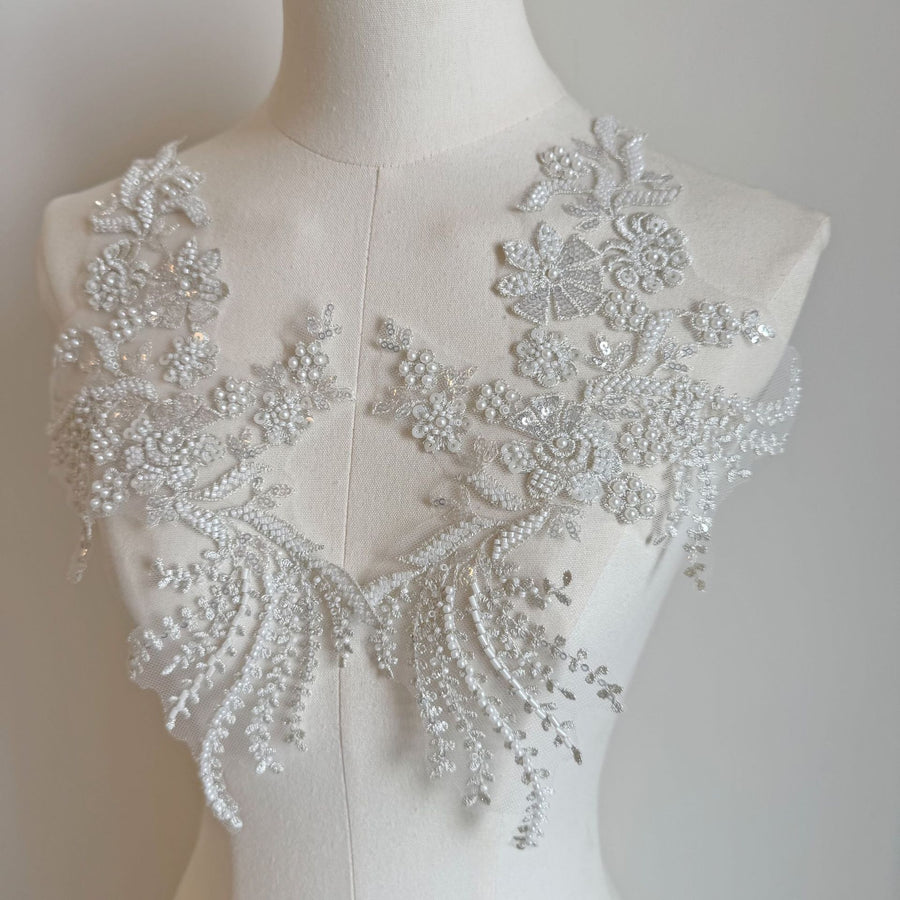 Silver European Style High-End Embroidered Lace Floral Appliqué - Handmade DIY Wedding Dress & Clothing Material (ZH446)