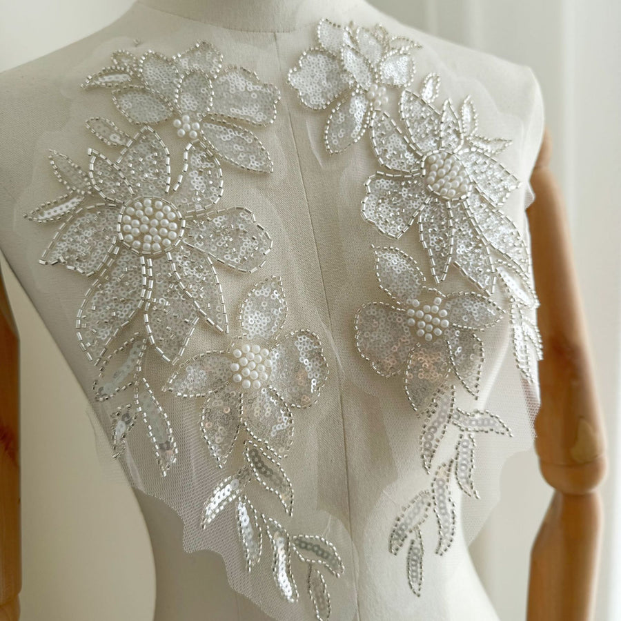 Beaded Embroidery Appliqué Pair – Seed Beads & Sequin Floral Embellishment for Wedding Dresses & Formal Wear (ZH517)