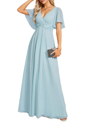 European and american style v-neck chiffon long bridesmaid dress, butterfly sleeve cinched waist slimming evening gown, party hostess dress