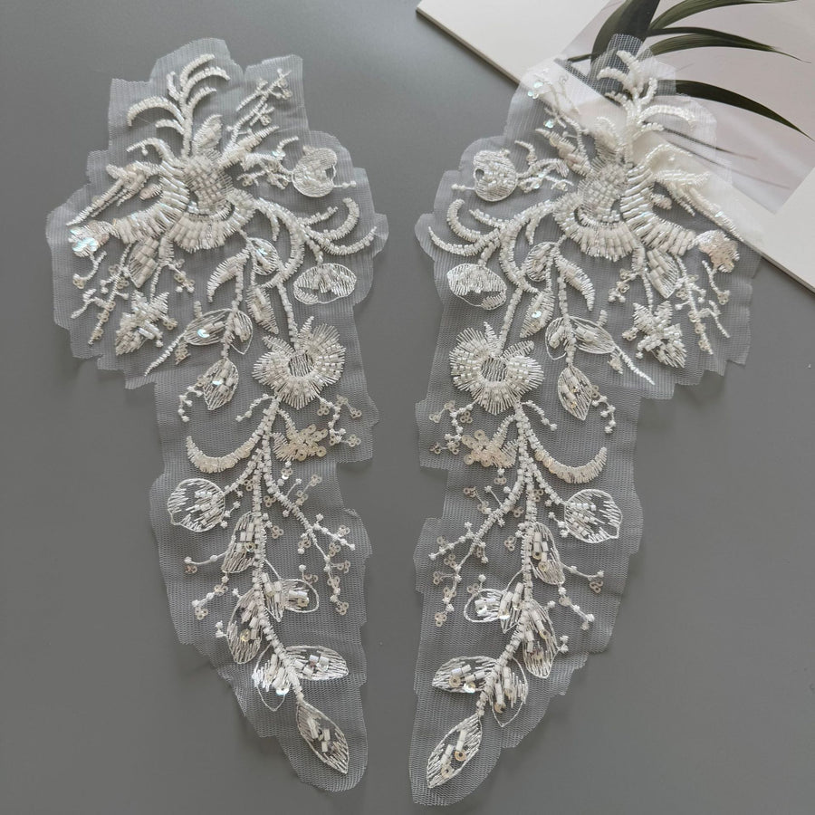 Beaded Sequin Appliqué Pair - White DIY Wedding Dress, Formal Gown & Children's Clothing Embellishment (ZH519)