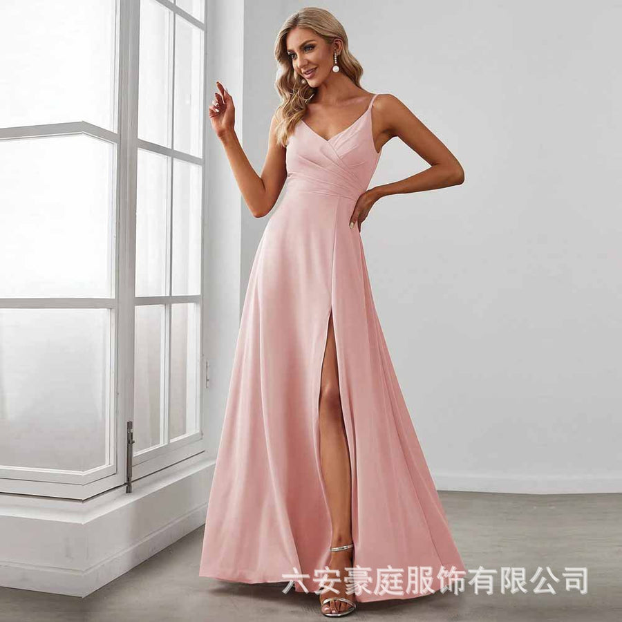 European and american style plus size evening gown women's chiffon high slit floor-length dress wedding bridesmaid dress annual meeting performance dress cross-border
