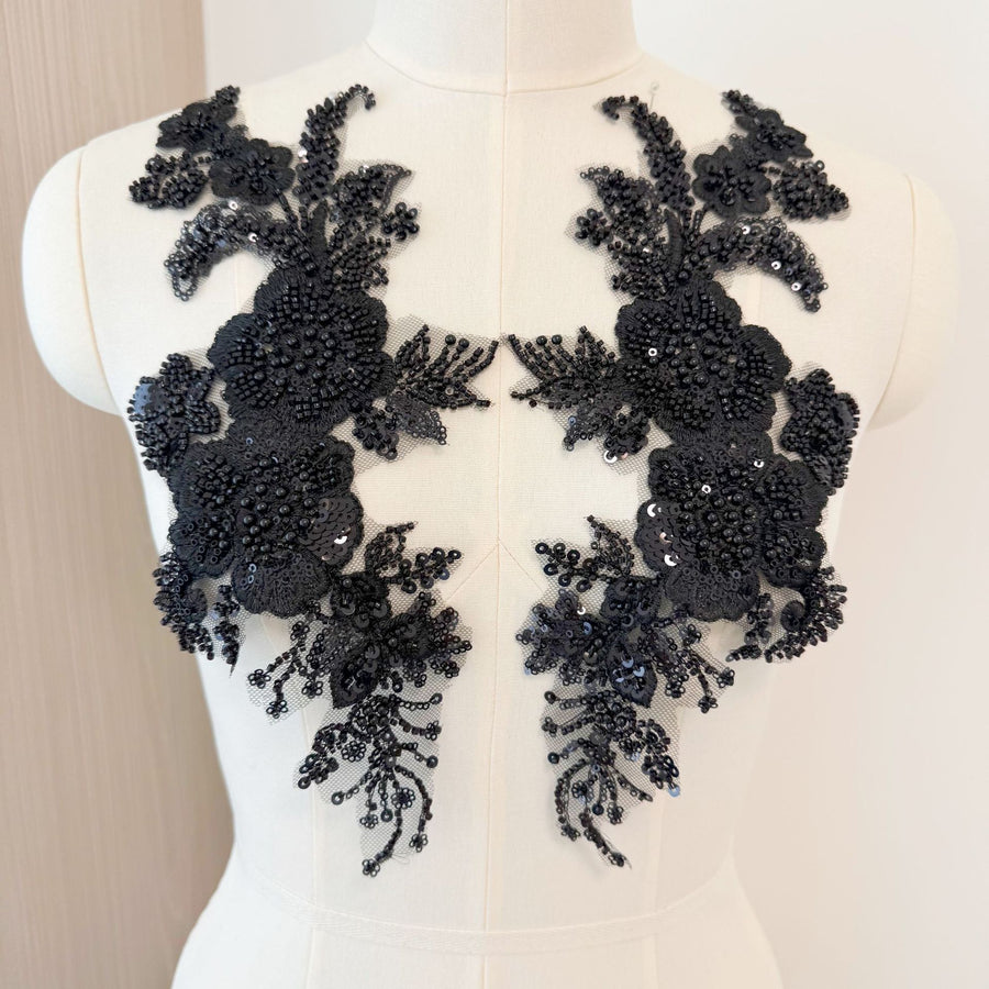 Black Flower Cotton Thread Sequined Embroidery Lace Fabric - DIY Bag, Head Yarn & Large Trailing Production (ZH415)