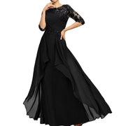 New chiffon lace long evening gown - round neck, mid-sleeve, slimming design - perfect for weddings, bridesmaids, dinner parties, or mother of the bride