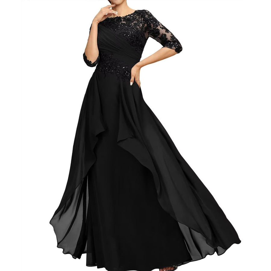 New chiffon lace long evening gown - round neck, mid-sleeve, slimming design - perfect for weddings, bridesmaids, dinner parties, or mother of the bride