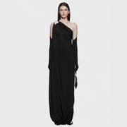 One-Shoulder Draped Evening Gown — A Sculptural Metallic Accent with Cascading Folds