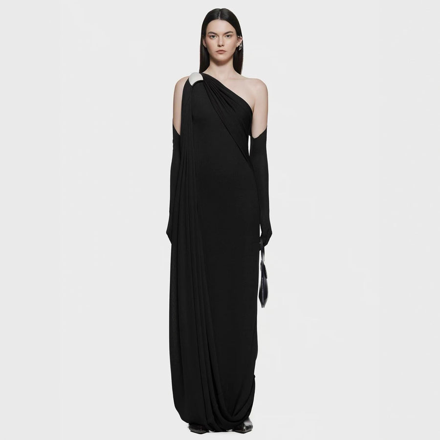 One-Shoulder Draped Evening Gown — A Sculptural Metallic Accent with Cascading Folds