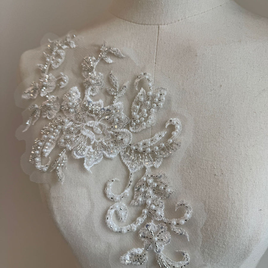 Mesh white beaded lace embroidered diy mom outfit clothing patch applique embroidery applique piece d90 single