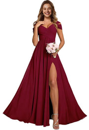 Off-the-shoulder bridesmaid dresses - long, slit, chiffon evening gowns for dinner parties, proms, and sisterhood events
