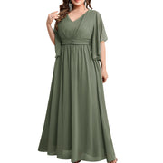 Plus size women's v-neck high-waisted a-line long evening gown/party dress - slimming and flattering - perfect for curvy moms (cross-border)