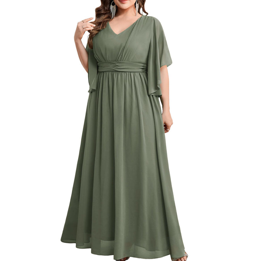 Plus size women's v-neck high-waisted a-line long evening gown/party dress - slimming and flattering - perfect for curvy moms (cross-border)