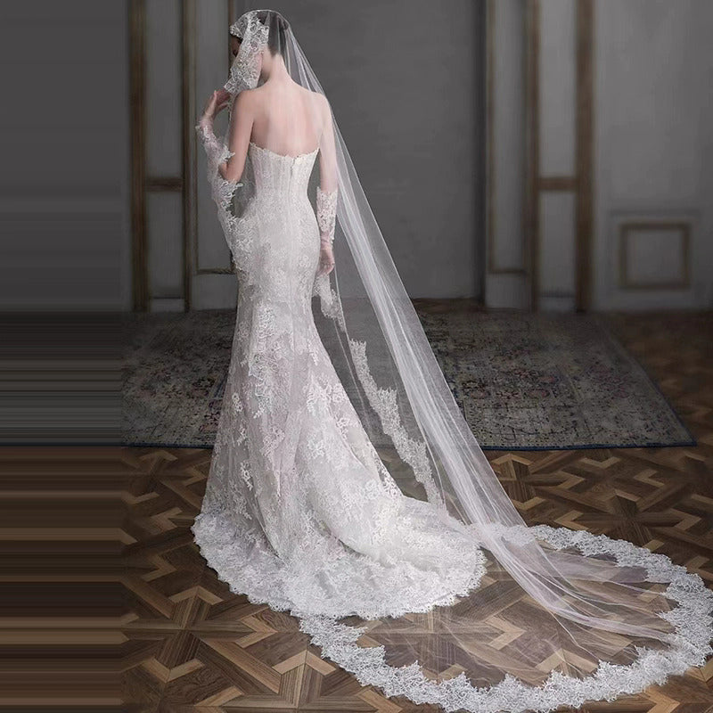 Black and white eyelash lace cathedral bridal veil long wedding train soft chiffon tulle