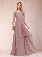 Chiffon lace patchwork mid-sleeve evening gown - round neck a-line floor-length dress - perfect for mothers, mothers-in-law, and hostesses