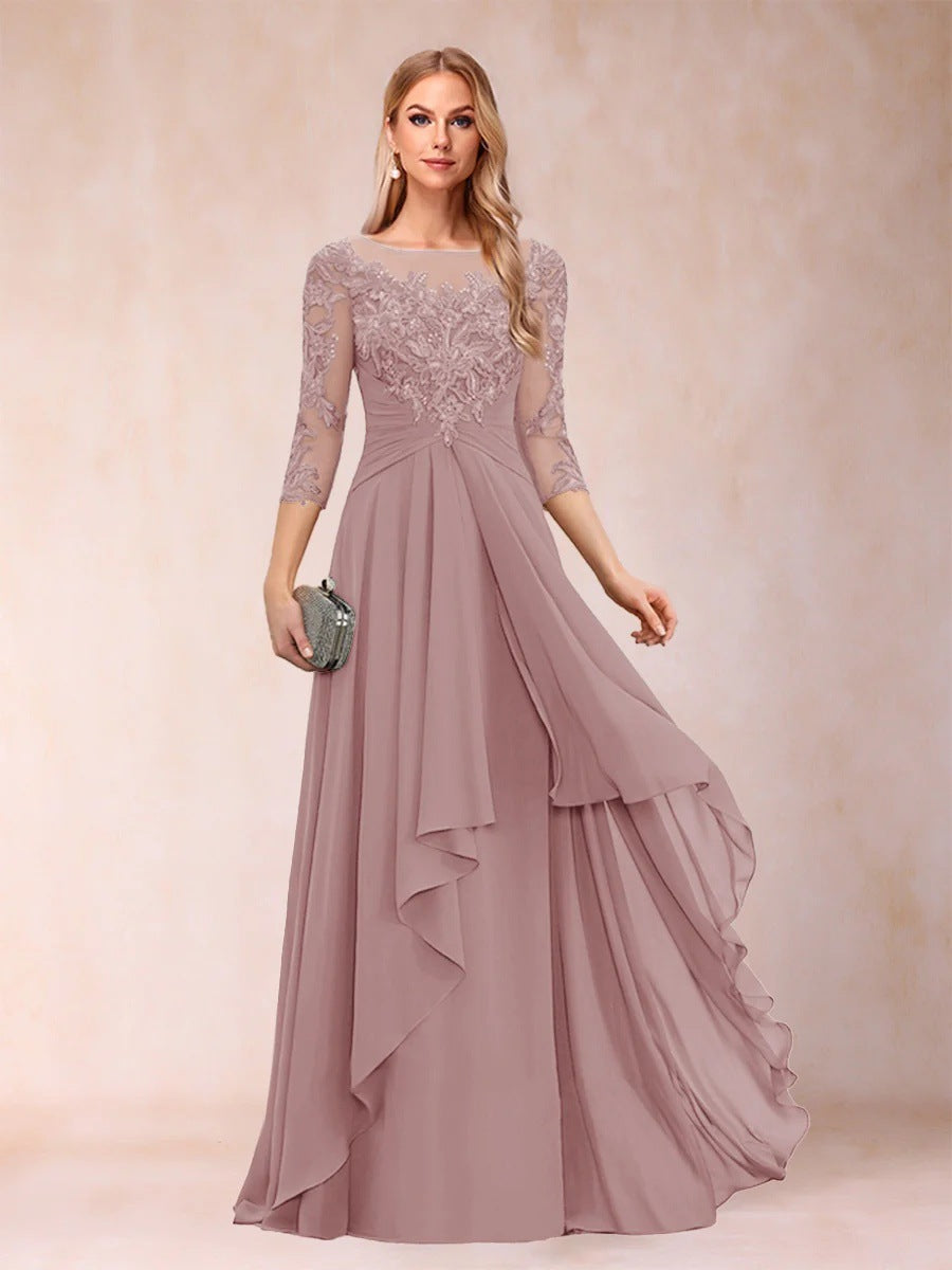 Chiffon lace patchwork mid-sleeve evening gown - round neck a-line floor-length dress - perfect for mothers, mothers-in-law, and hostesses