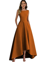 Women's solid color satin sleeveless fitted evening gown for export - amazon style cocktail party bridesmaid dress - high-low hem