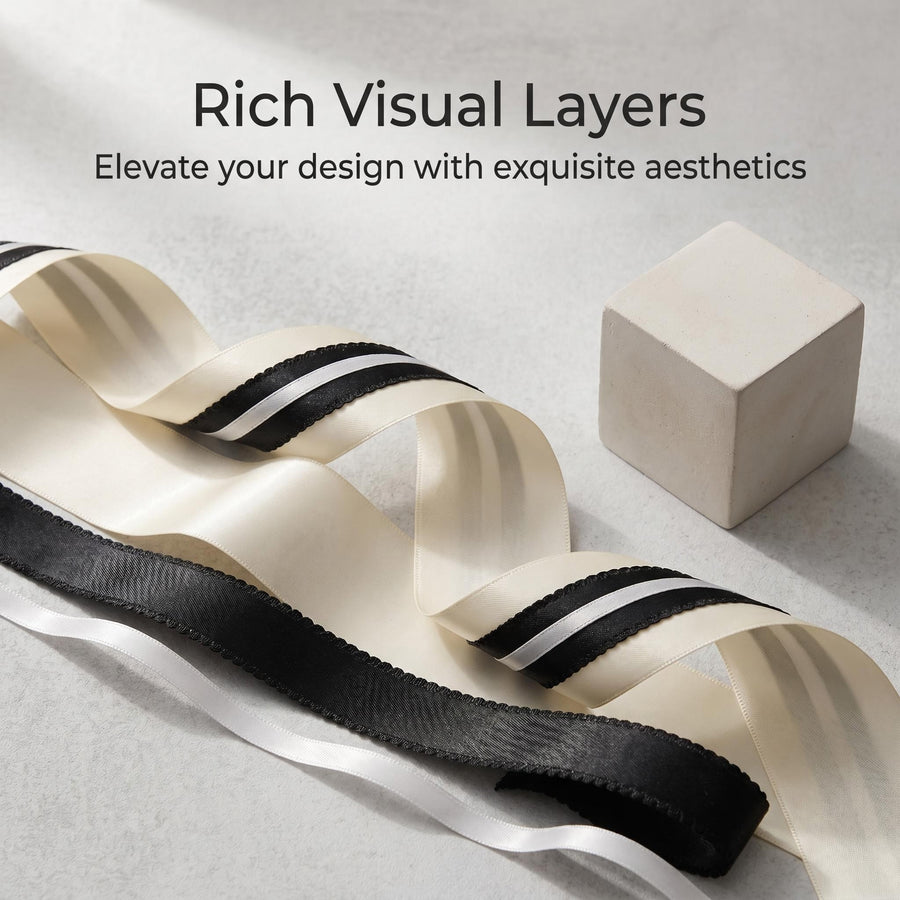 Elegant Cream Yellow & Black Lace Satin Ribbon Trio Set – Luxury Decorative Ribbon Bundle for Fashion & Gift Styling