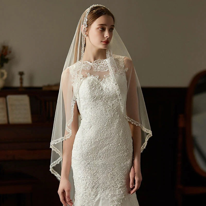 160cm single-layer beaded bridal veil with long elegant hair comb on soft chiffon tulle