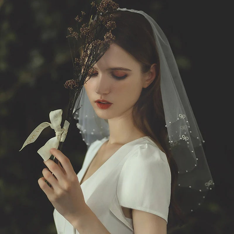 Double-layer Korean Bow Bridal Veil with beaded tulle and metal comb, lightweight and elegant wedding headpiece