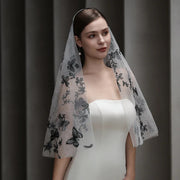 Black Butterfly Bridal Veil made of soft chiffon tulle with vintage dark cosplay and minimalist wedding style.