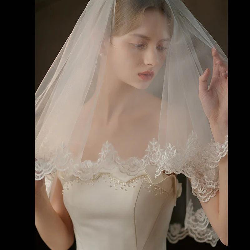 Pearl lace hair comb bridal veil with soft chiffon tulle for mid-length wedding ceremonies