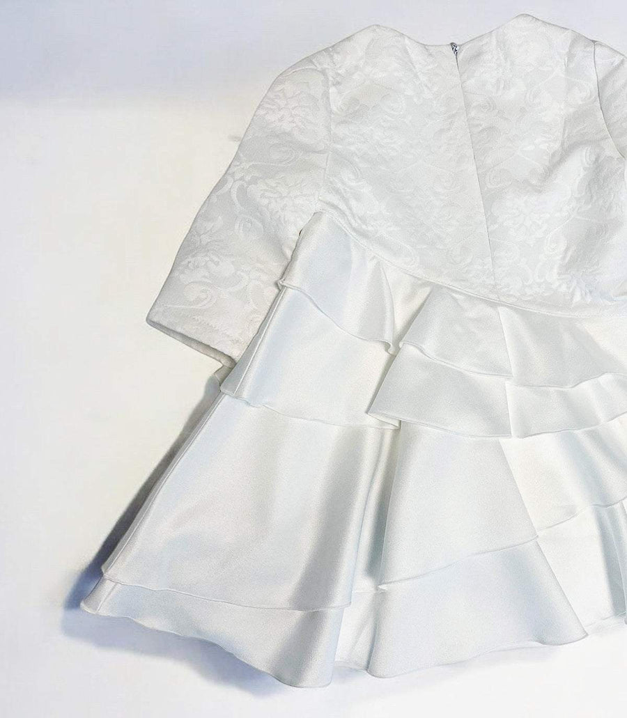 Girls vintage flower girl dress white jacquard satin with layered tulle for weddings and special occasions