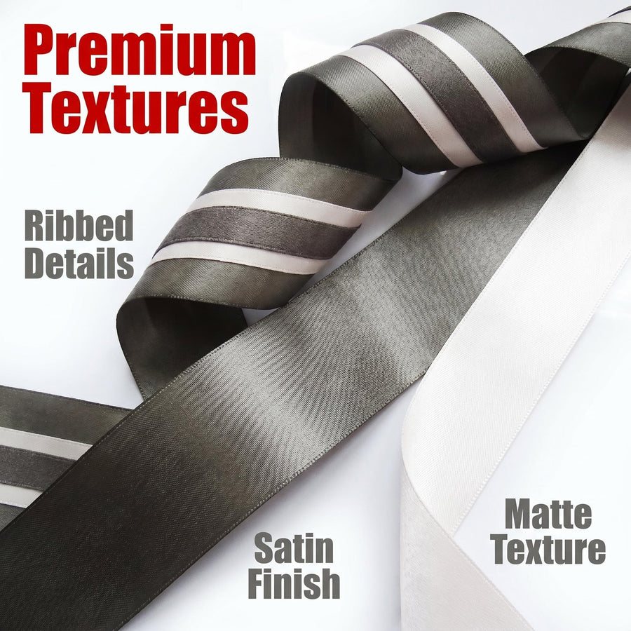 Elegant Charcoal & Cream Ribbon Trio Set – Luxury Satin & Cotton Decorative Ribbon Bundle for Fashion & Gift Styling
