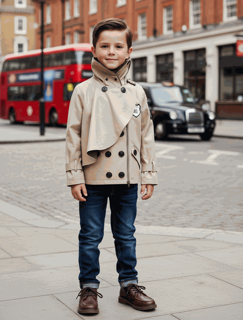 Boys' Cotton Velvet double-breasted trench coat in beige with structured collar and button front, short windproof cut for ages 3-7.