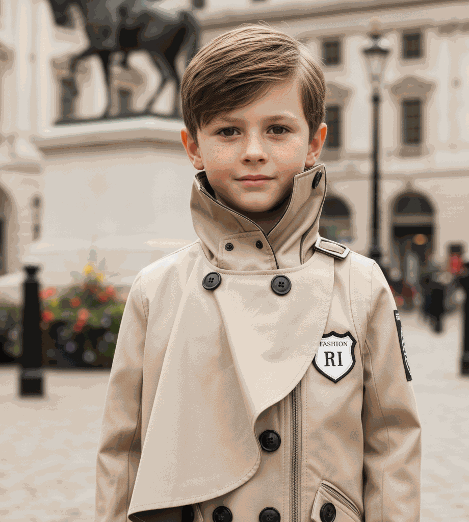 Boys' Cotton Velvet double-breasted short trench coat in cream with structured collar and dark buttons