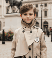 Boys' Cotton Velvet double-breasted short trench coat in cream with structured collar and dark buttons