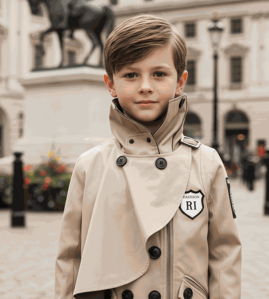 Boys' Cotton Velvet double-breasted short trench coat in cream with structured collar and dark buttons