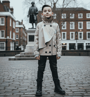 Boys' Cotton Velvet double-breasted trench coat in beige with structured collar and button front, short windproof cut for ages 3-7