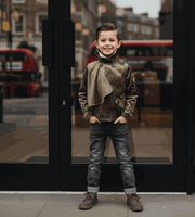 Boys' Cotton Velvet trench coat in olive brown with a double-breasted front, layered storm flap and dark buttons