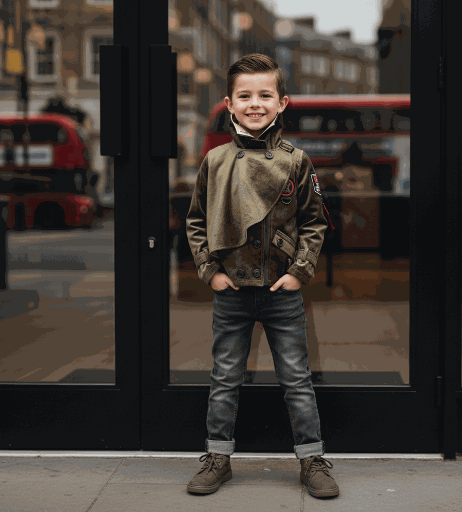 Boys' Cotton Velvet trench coat in olive brown with a double-breasted front, layered storm flap and dark buttons