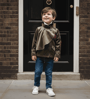 Boys' Cotton Velvet double-breasted trench coat in khaki, short windproof cut with structured collar, ages 3-7 years