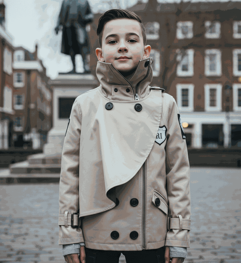 Boys' Cotton Velvet double-breasted trench coat in beige with structured collar and windproof short cut, ages 3-7 years